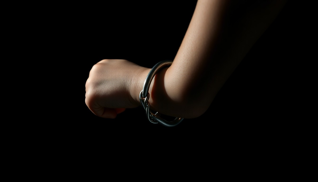 An extreme close-up photograph of a child's shackled wrist against a pitch-black background, lit by a harsh camera flash, conceptually representing the cruelty and inhumane treatment suffered by the victim.