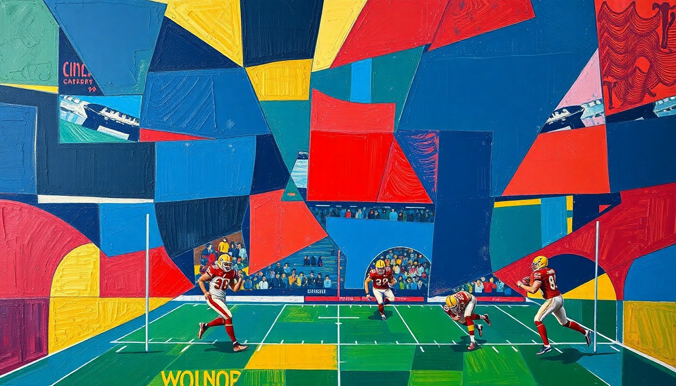 A fragmented, cubist-style painting depicting a football game broken down into sharp, overlapping geometric shapes in navy, red, and gold, conveying the complex evaluation process for BYU's NFL Draft hopefuls.