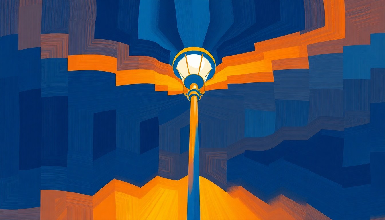 A dynamic, abstract painting of a streetlight pole in motion, with overlapping geometric shapes and waves of warm amber, deep indigo, and electric blue colors, conceptually representing the complex issues surrounding the proposed streetlight fee increase.
