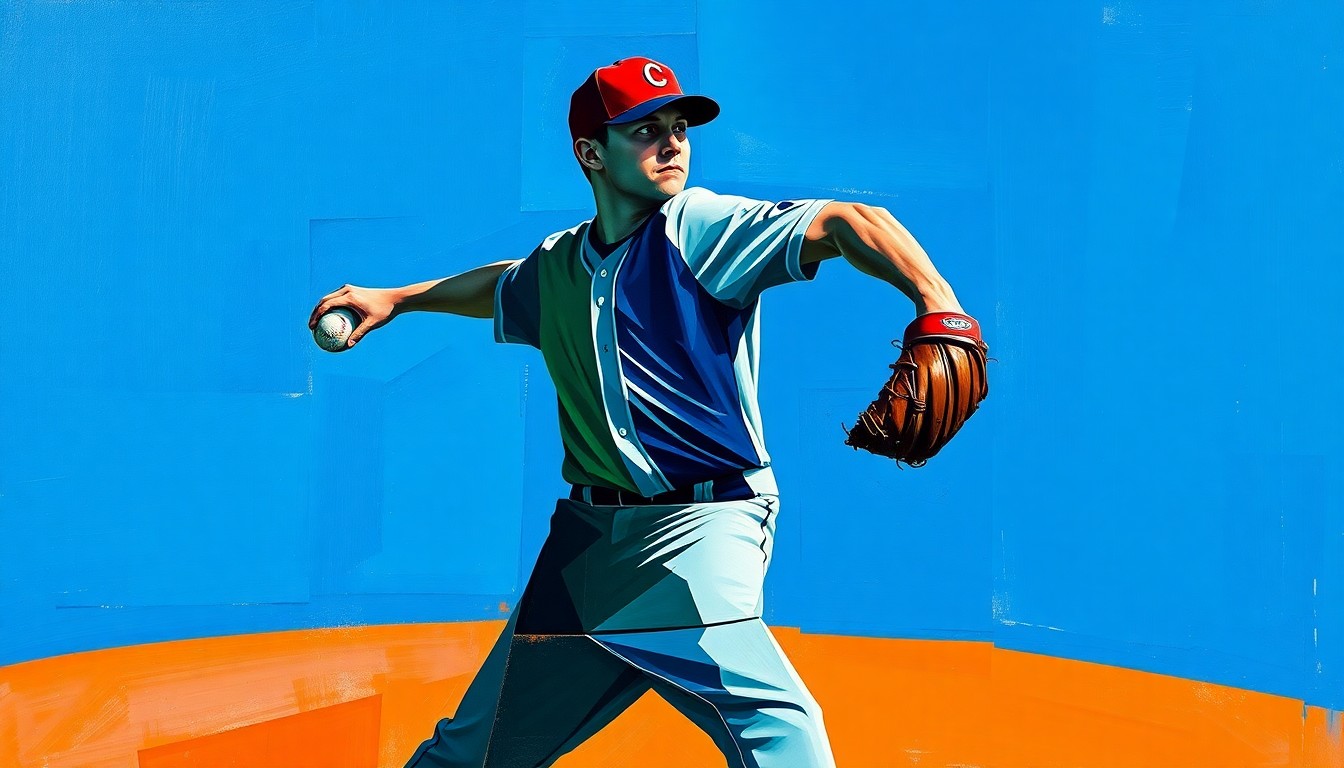 A cubist-style painting depicting a baseball pitcher's windup and delivery broken down into sharp, overlapping geometric shapes in a vibrant color palette, conveying the raw athleticism and movement of the sport.