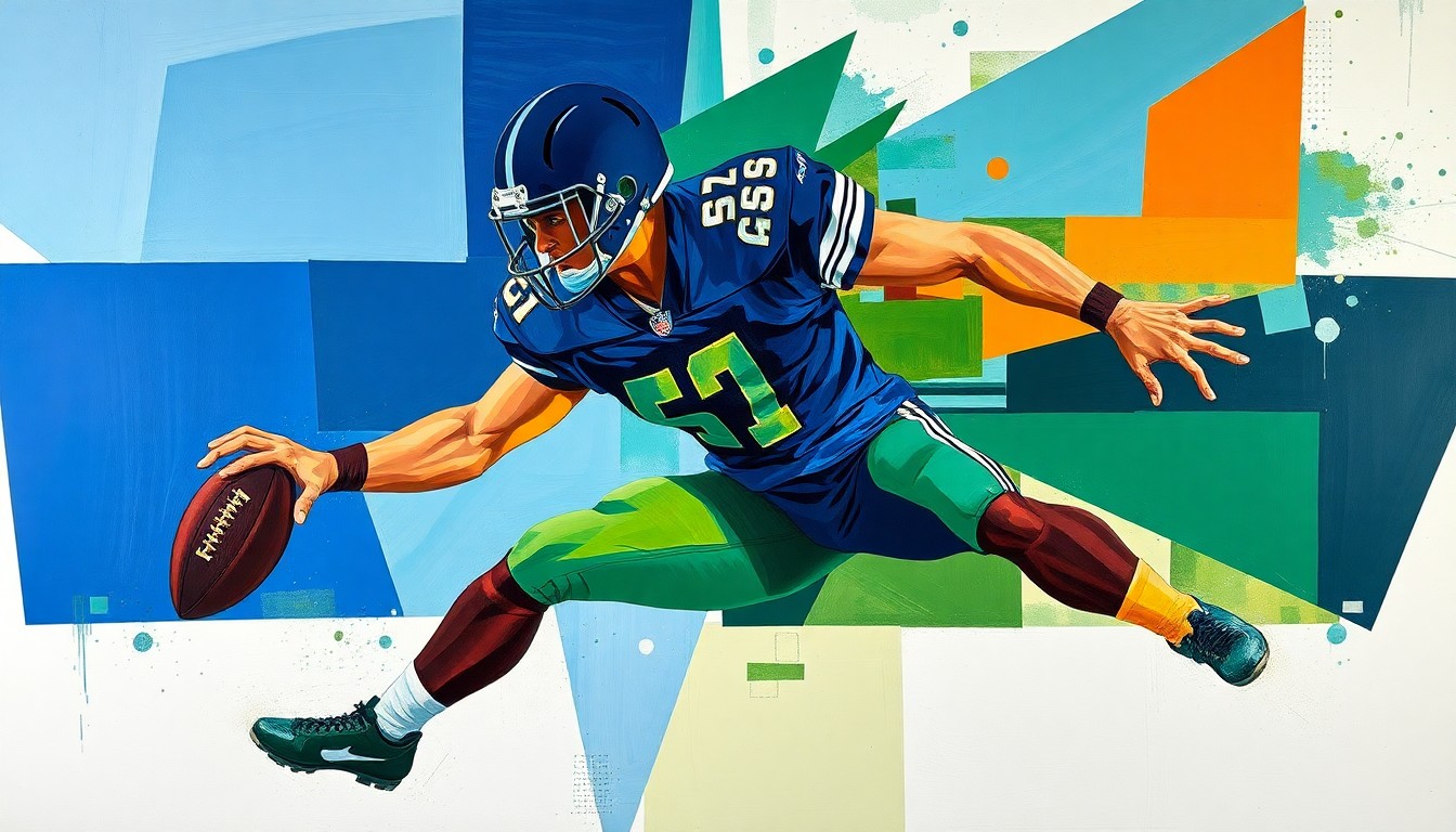 A fragmented, geometric painting depicting the overlapping planes and angles of a football player's blocking motion, rendered in a bold, cubist style with a color palette of navy, green, and orange.