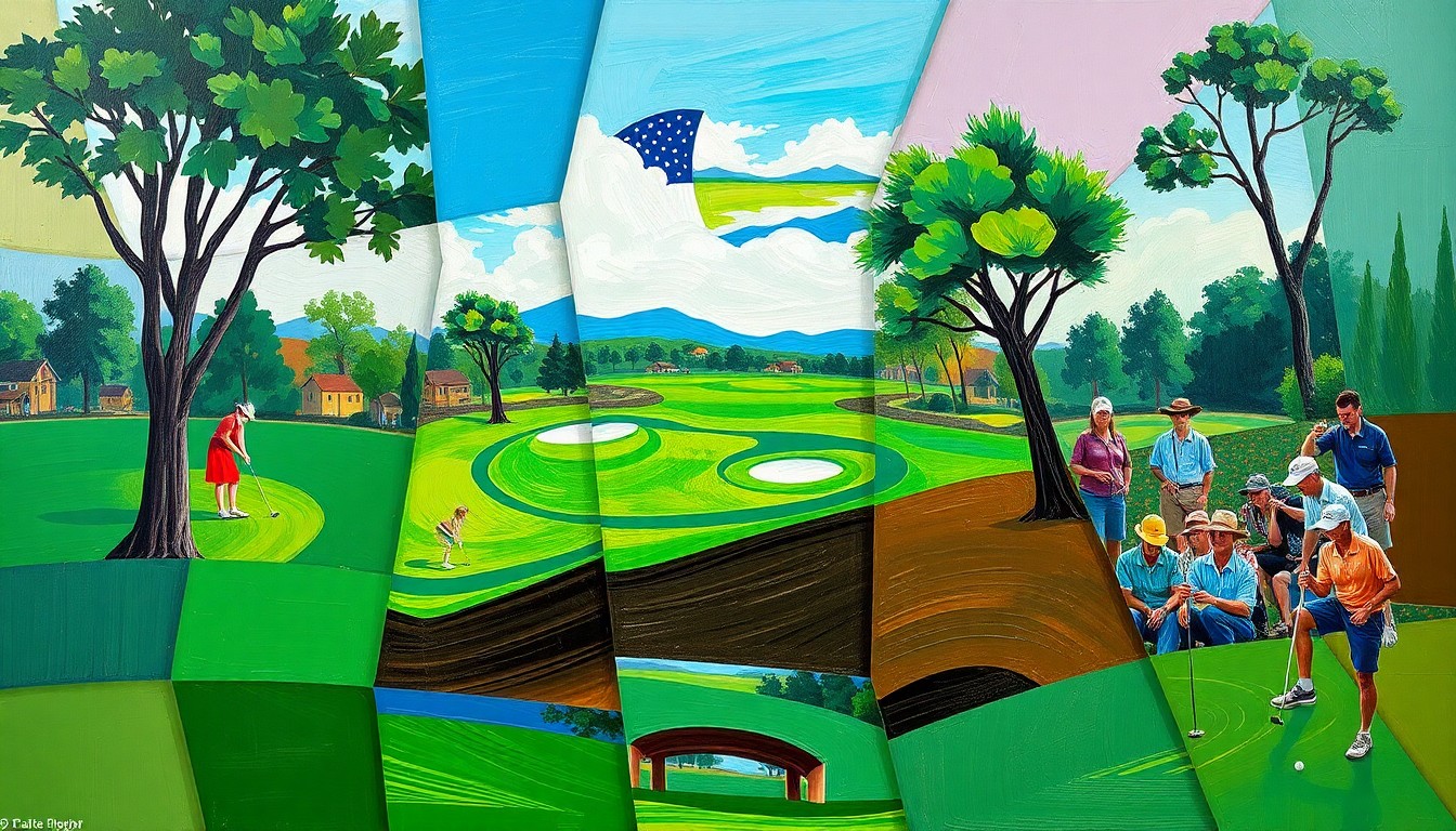 A cubist, geometric painting depicting a fragmented golf course scene with overlapping planes of color representing the competitive energy of the final round of the Augusta National Women's Amateur tournament.