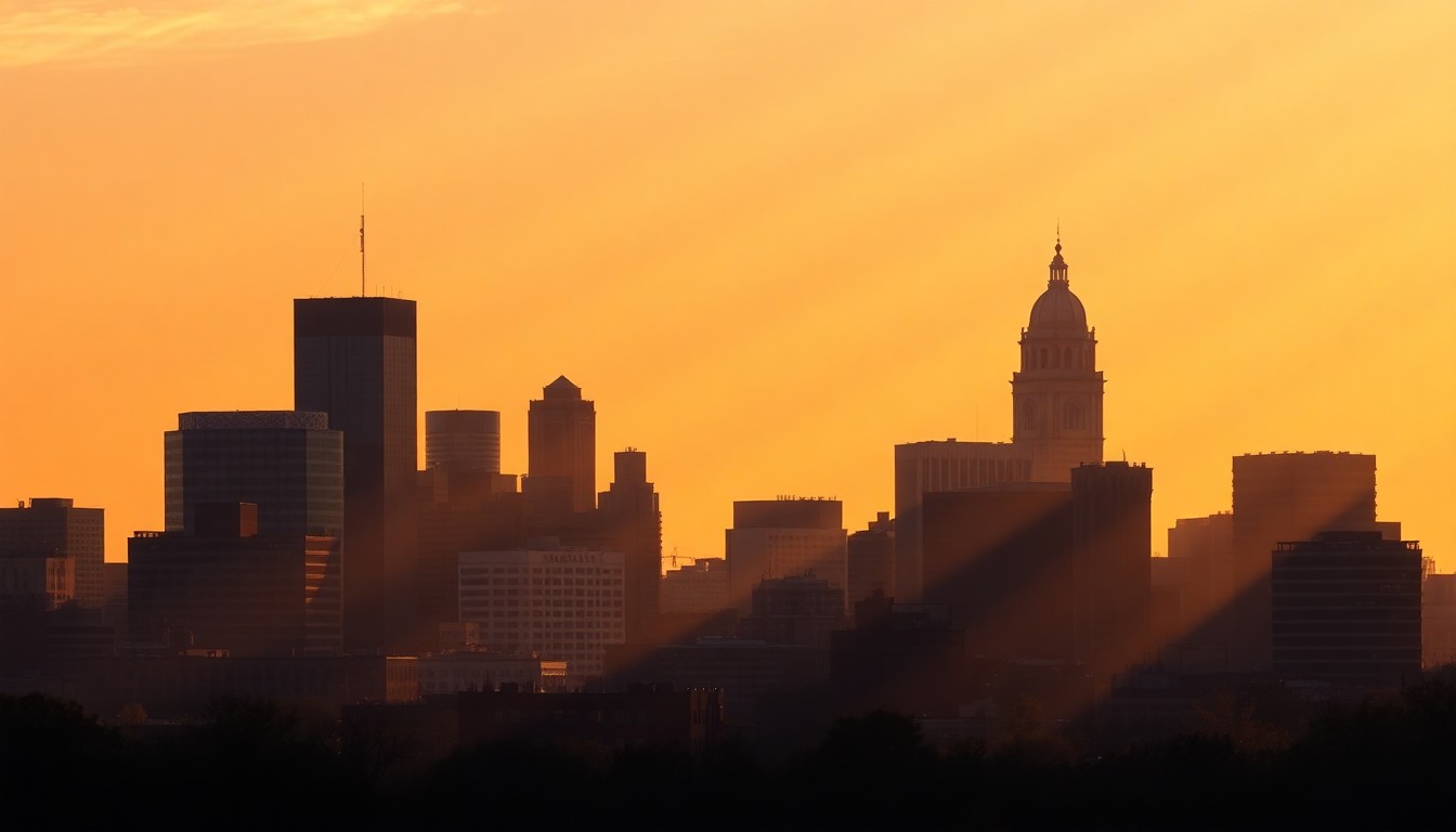 A serene, cinematic painting of the Louisville skyline at dusk, with the city's iconic buildings and bridges bathed in warm, golden light and deep shadows, conveying a sense of civic pride and urban energy.