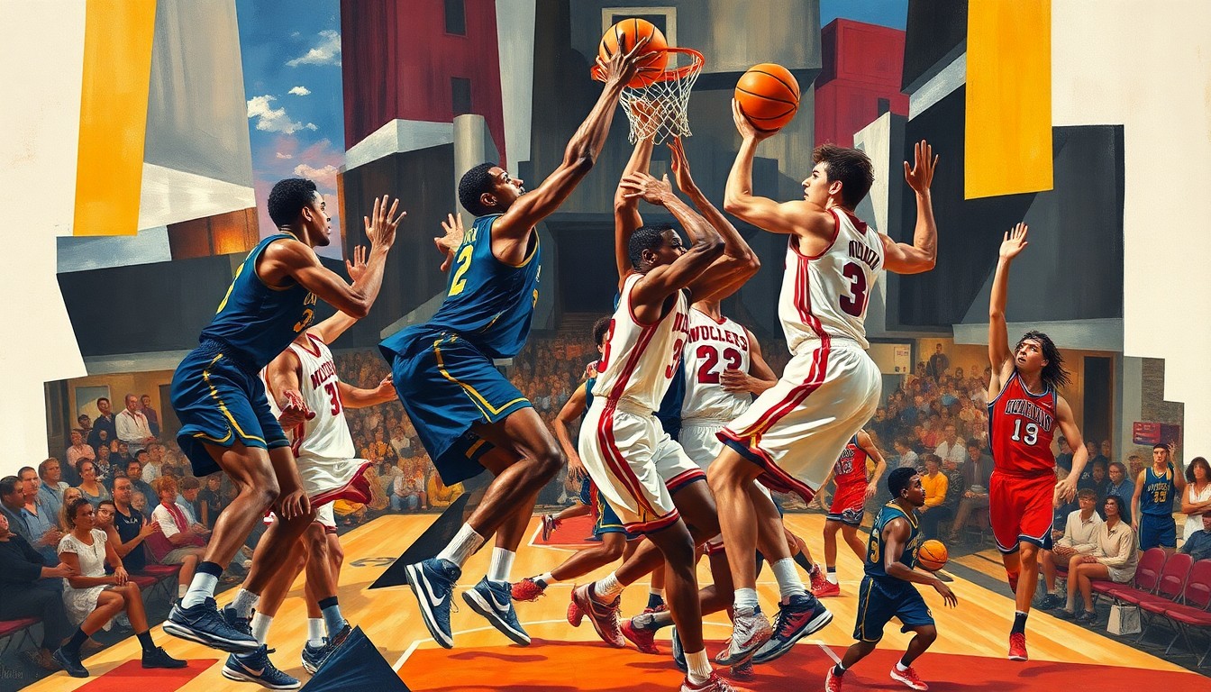 A cubist, geometric painting depicting the intense physicality and overlapping movements of tall, powerful college basketball players battling for position in the paint.