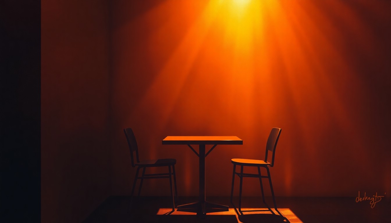 A serene, nostalgic painting of an empty bistro table and chairs in a sunlit urban setting, evoking a sense of quiet anticipation for a new local business.