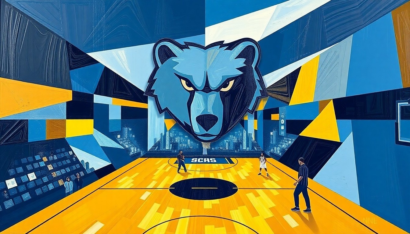 A fractured, multi-perspective painting in a cubist style, breaking down a basketball court into sharp, overlapping geometric planes in navy blue, light blue, gold, and the colors of an opposing team. The image conceptually represents the debate over the Memphis Grizzlies' future location.