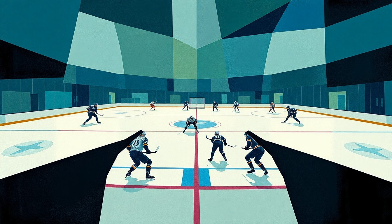 A fractured, cubist-style painting depicting a hockey game, with the players and ice represented as abstract, angular shapes in a palette of blues, greens, and grays, conveying the Oilers' renewed defensive focus.