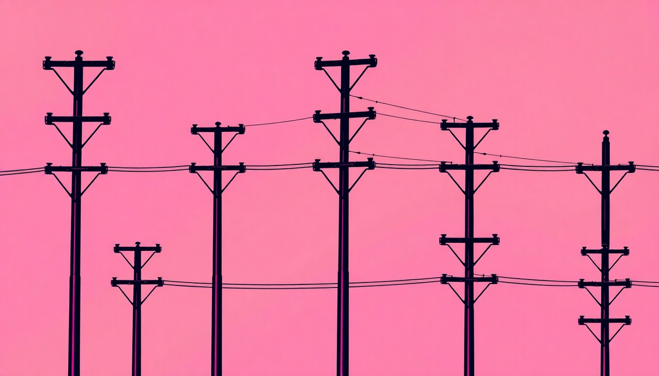 A vibrant, abstract silkscreen print featuring a repeating grid of stylized utility poles in neon shades of blue, green, and orange, conceptually representing the undergrounding of power lines in Park City.