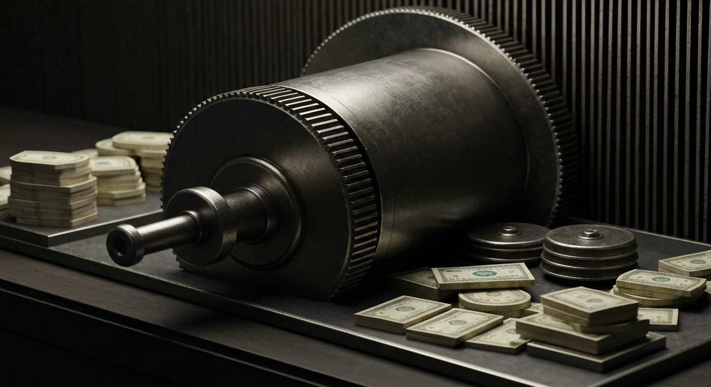An extreme close-up of intricate, industrial-looking financial machinery and equipment, conveying the tangible, physical nature of banking and wealth without using literal currency or charts.