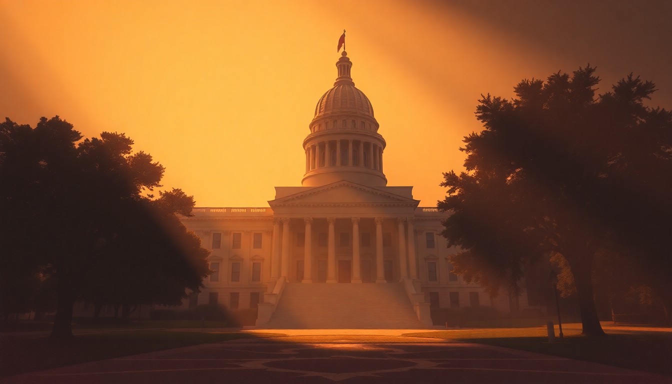 A serene, painterly depiction of the Alabama State Capitol building, its grand architecture and columns cast in warm, golden light and deep shadows, conveying a sense of political significance and civic pride.