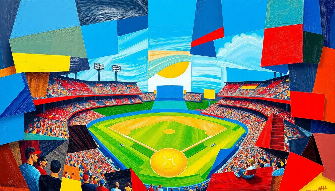 A cubist, geometric painting depicting a baseball game in motion, with players and the field broken down into overlapping planes of vibrant colors.