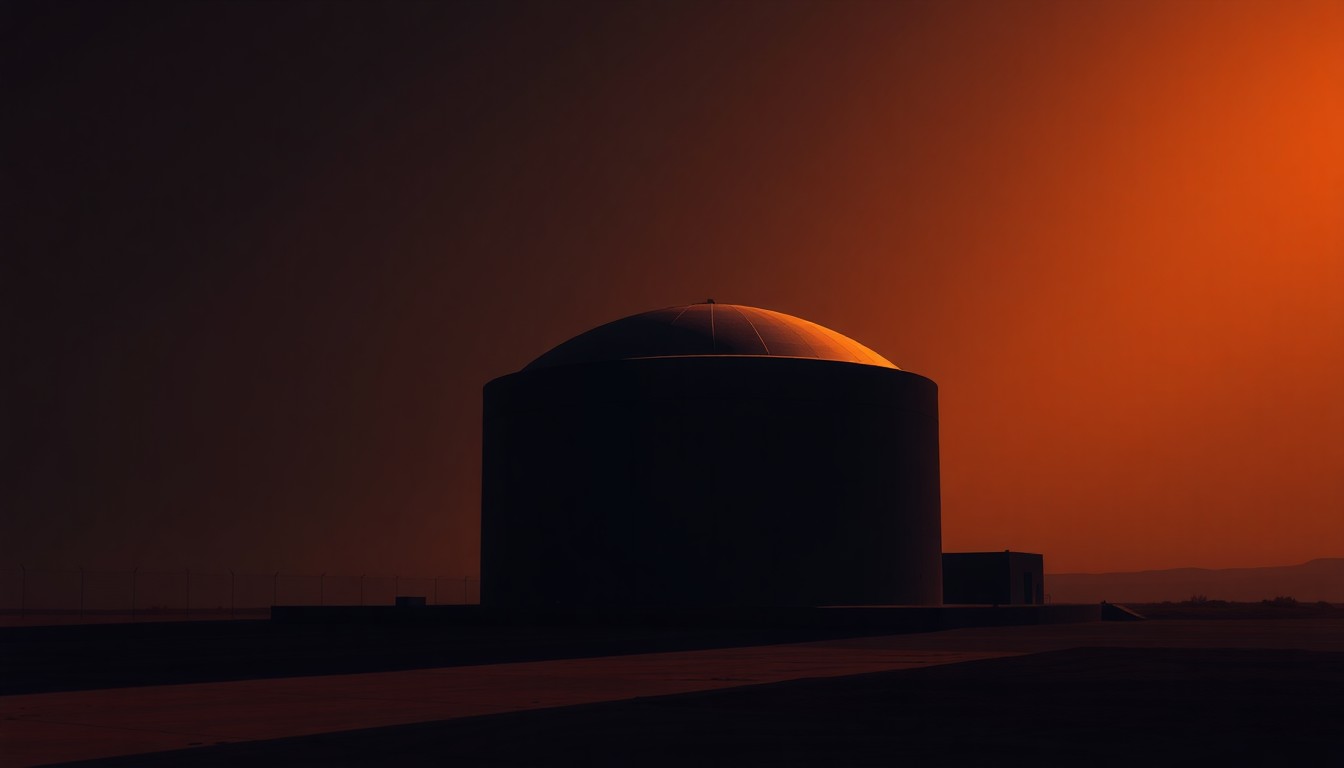 A serene, photorealistic painting of a lone missile silo standing tall against a backdrop of rolling hills and a vibrant sunset, capturing the quiet tension and uncertainty surrounding the Sentinel program's local footprint.