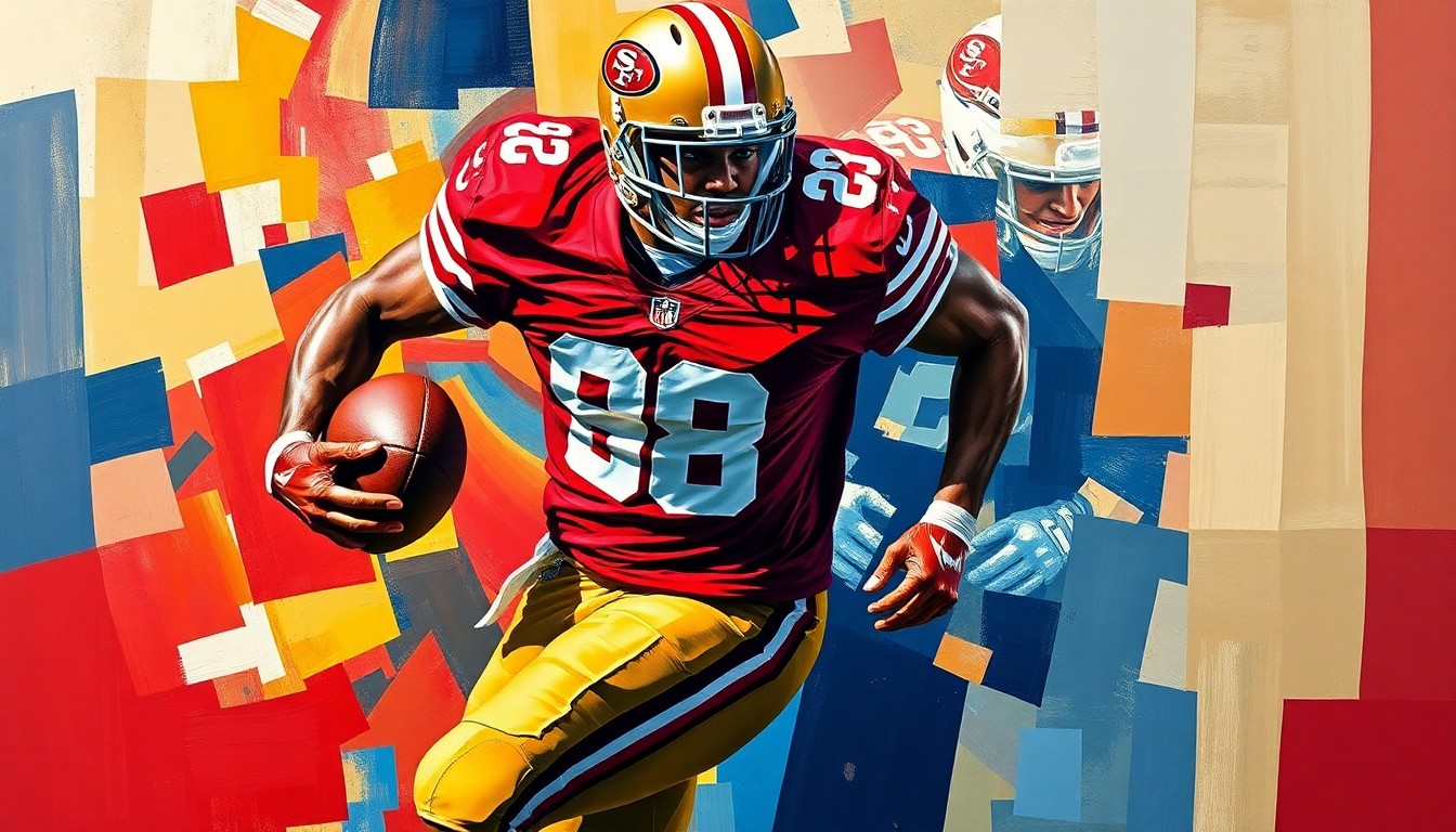 A fractured, multi-perspective painting in bold colors depicting a football player in motion, with sharp, overlapping geometric planes representing the complicated situation surrounding the player's future.