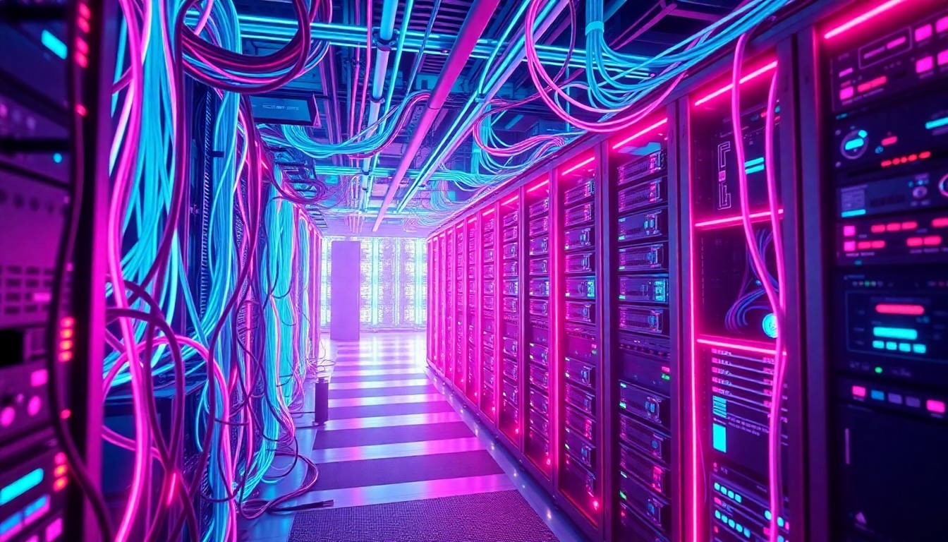 A highly detailed, glowing 3D illustration of a complex network of illuminated data cables, circuit boards, and server racks, conceptually representing the digital infrastructure that powers enterprise AI adoption.