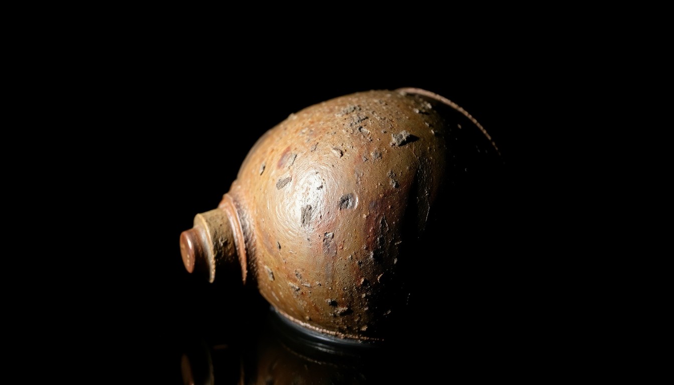 An extreme close-up photograph of a weathered, rusted metal object found in a canal, lit by a harsh, direct camera flash against a pitch-black background, creating a stark, gritty, investigative aesthetic.
