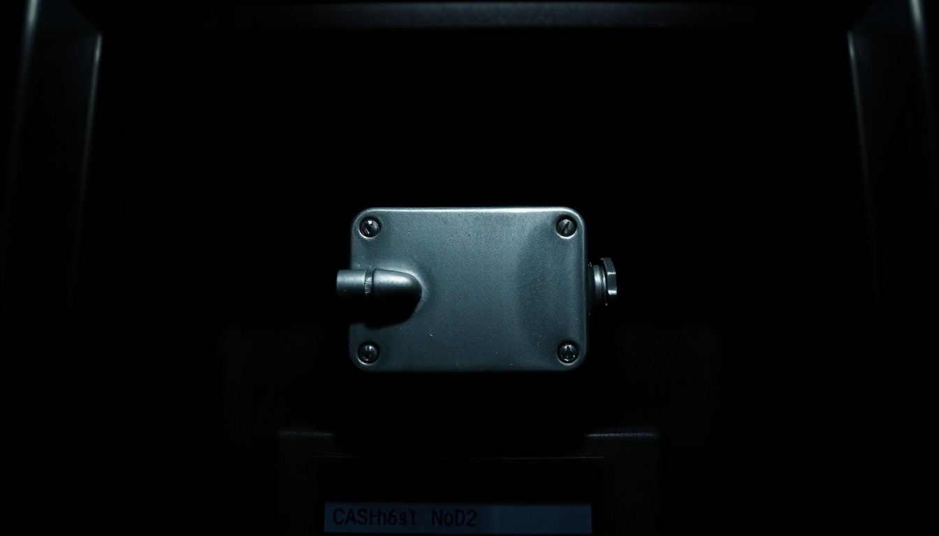 An extreme close-up photograph of a metal cash trap device attached to an ATM cash dispensing slot, creating a stark, gritty, investigative visual representation of this financial crime.