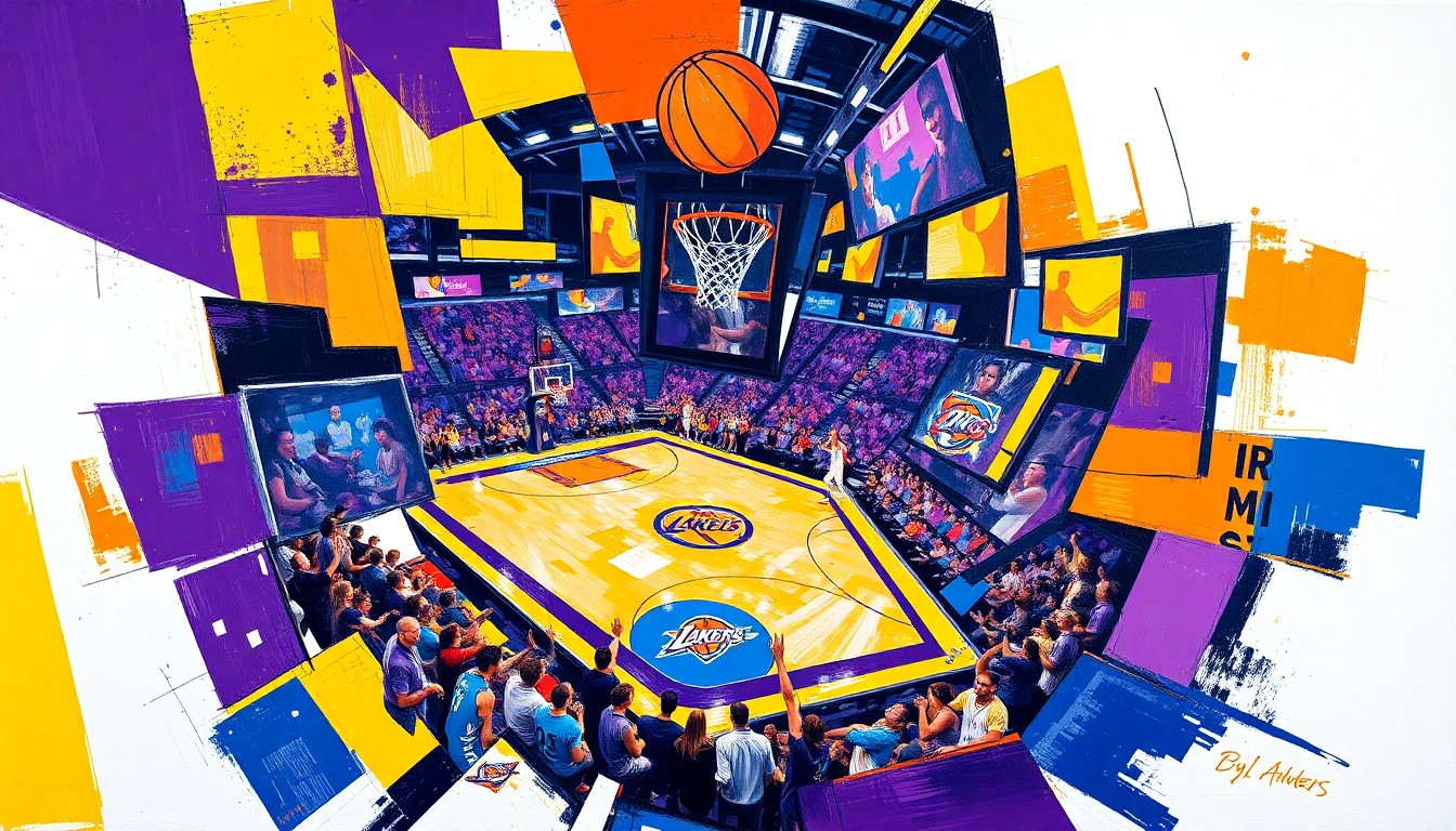 A fractured, multi-perspective painting featuring sharp, overlapping geometric planes in vibrant colors representing a basketball game between two teams.