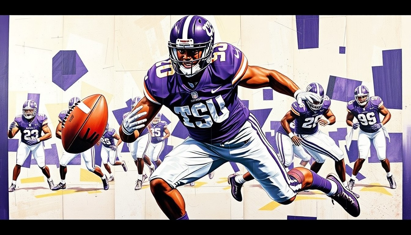 A fragmented, geometric painting depicting a TCU cornerback making a play on the ball, with sharp, overlapping planes of purple, white, and black colors representing the team's uniform.