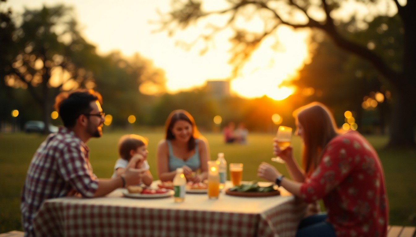 An abstract, impressionistic photograph showing the blurred silhouettes of people enjoying a picnic in a park, with soft, warm lighting creating a hazy, dreamlike effect.