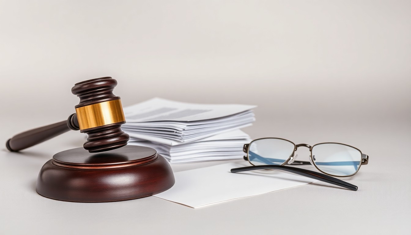 A minimalist studio still life featuring a polished metal gavel, a stack of legal documents, and a pair of reading glasses, symbolizing the tools and dedication of a labor lawyer.
