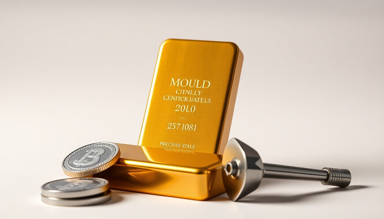A photorealistic studio still life featuring a polished gold bullion bar, a silver coin, and a small metal mining tool, arranged elegantly on a clean, monochromatic background to conceptually represent the precious metals industry.