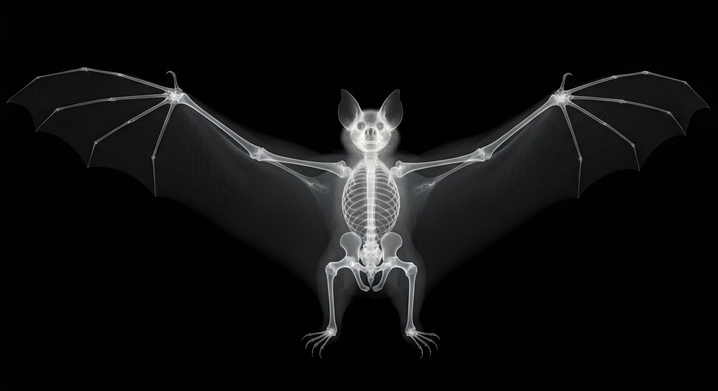 A translucent, ghostly X-ray image revealing the skeletal structure of a bat with outstretched wings against a dark background, conceptually illustrating the hidden dangers of rabies.