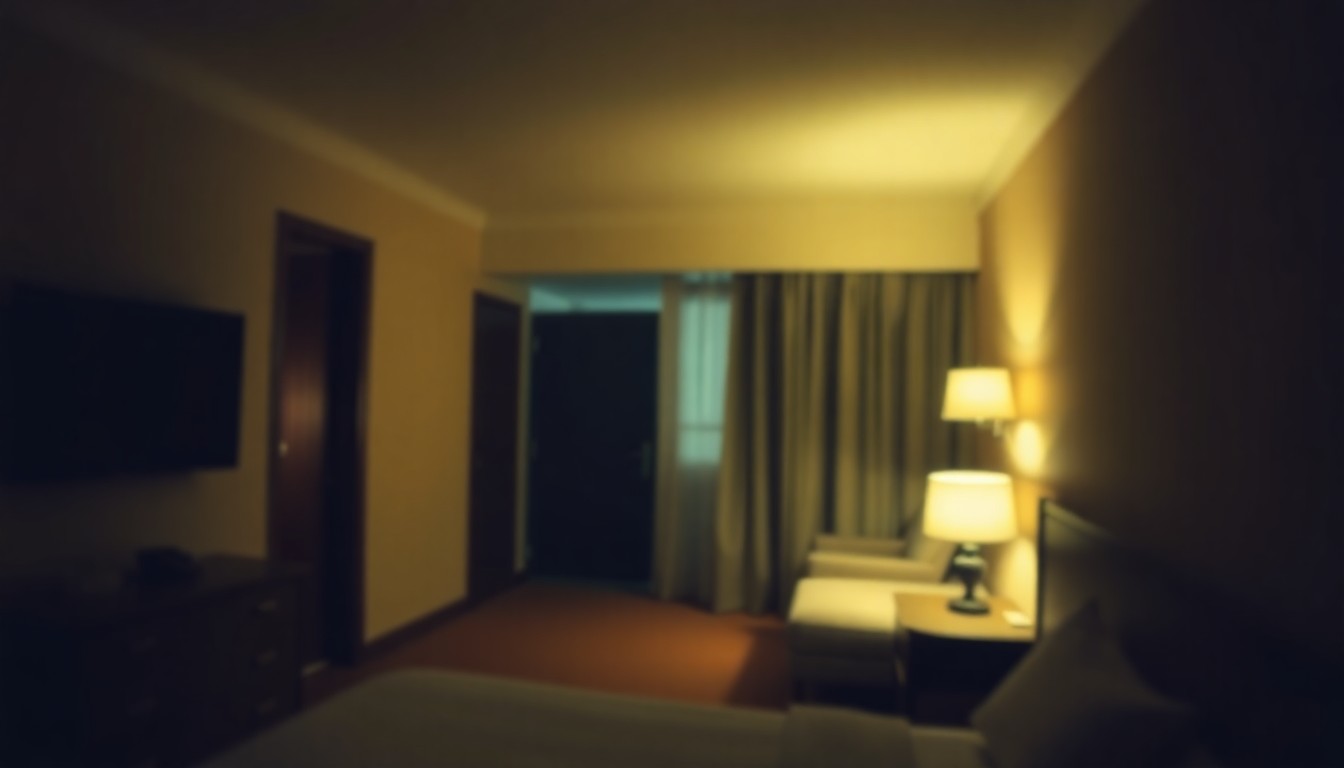 A softly blurred, atmospheric photograph of a dimly lit hotel room interior, with muted tones of warm amber and olive green, conveying a sense of recent occupancy but an empty, uncertain space.
