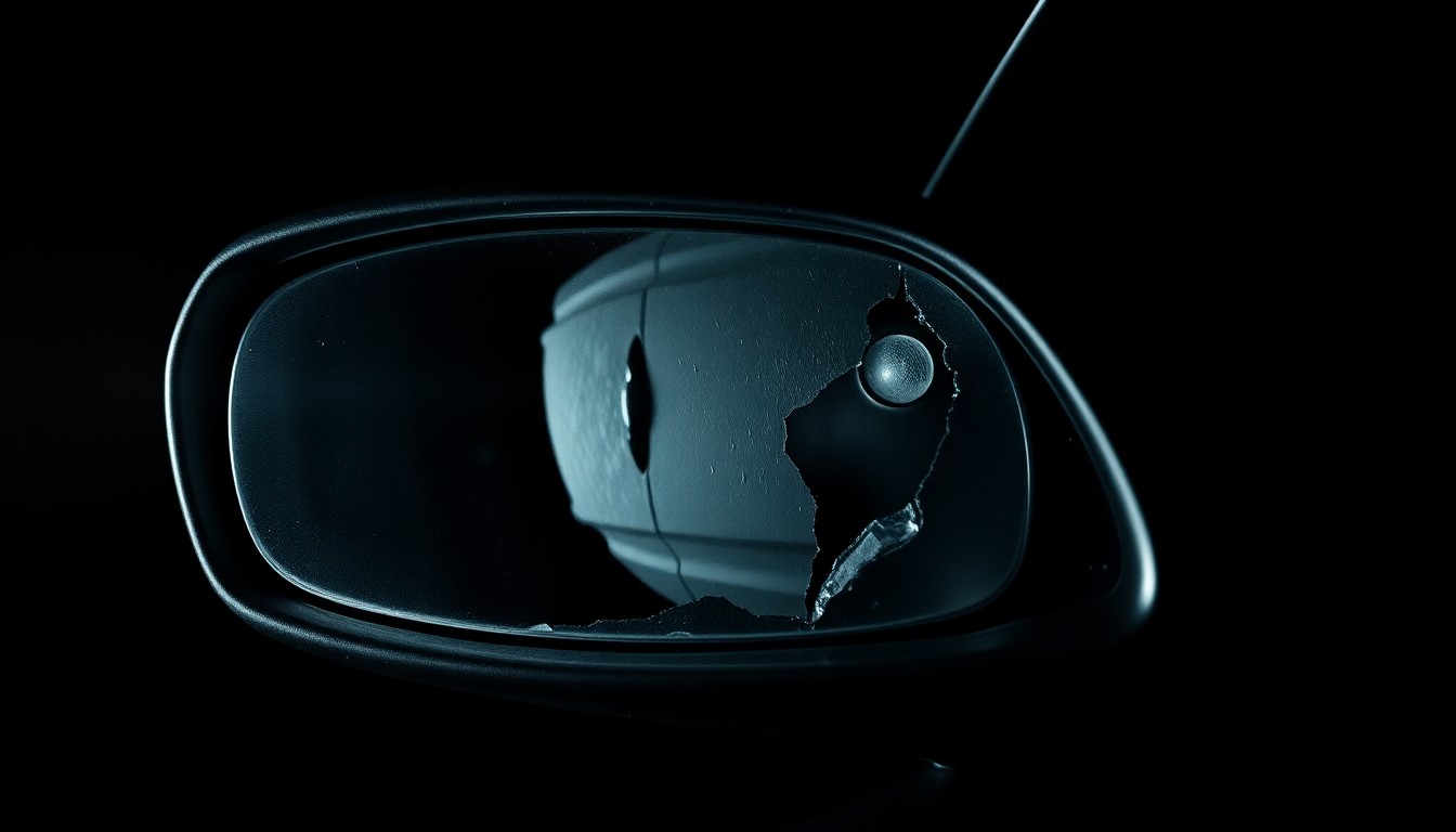 An extreme close-up photograph of a damaged car side mirror, the surface textured and distorted by the harsh flash lighting, conveying a sense of violence and investigation without depicting any actual harm.