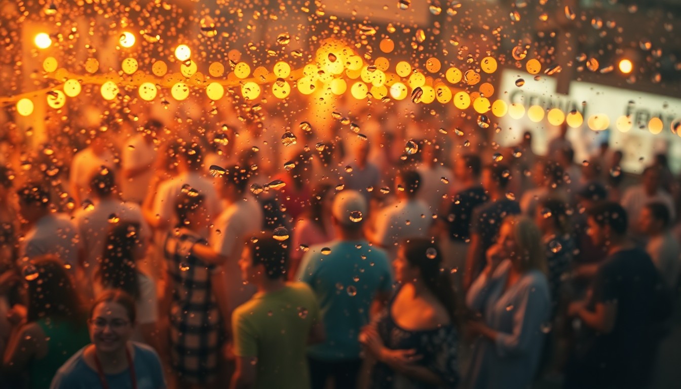 An impressionistic, out-of-focus photograph featuring blurred figures and colorful shapes, conveying the energy and atmosphere of a lively community gathering.