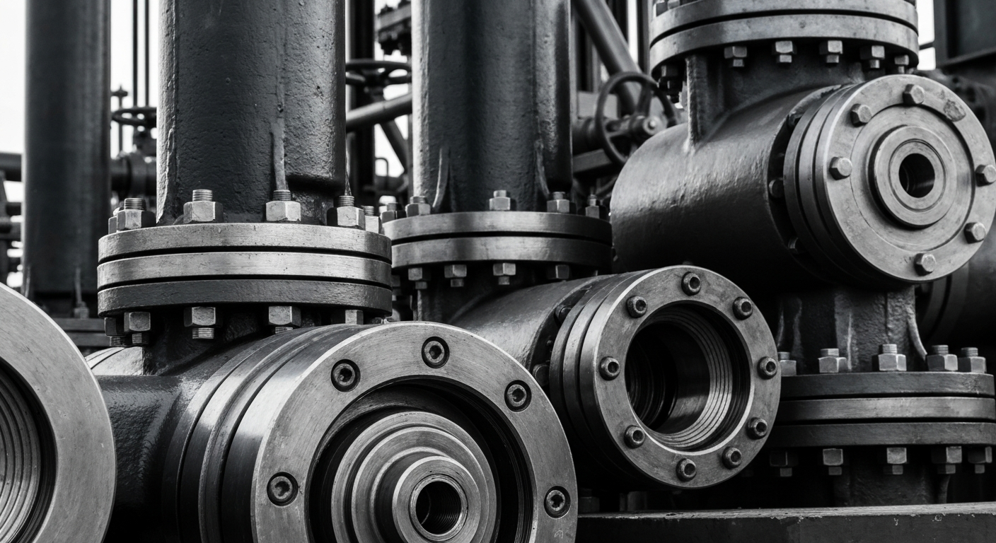 An extreme close-up photograph of industrial oil and gas machinery, including pumps, valves, and pipes, all in shades of steel gray and black, conveying a sense of technical complexity and industrial power.