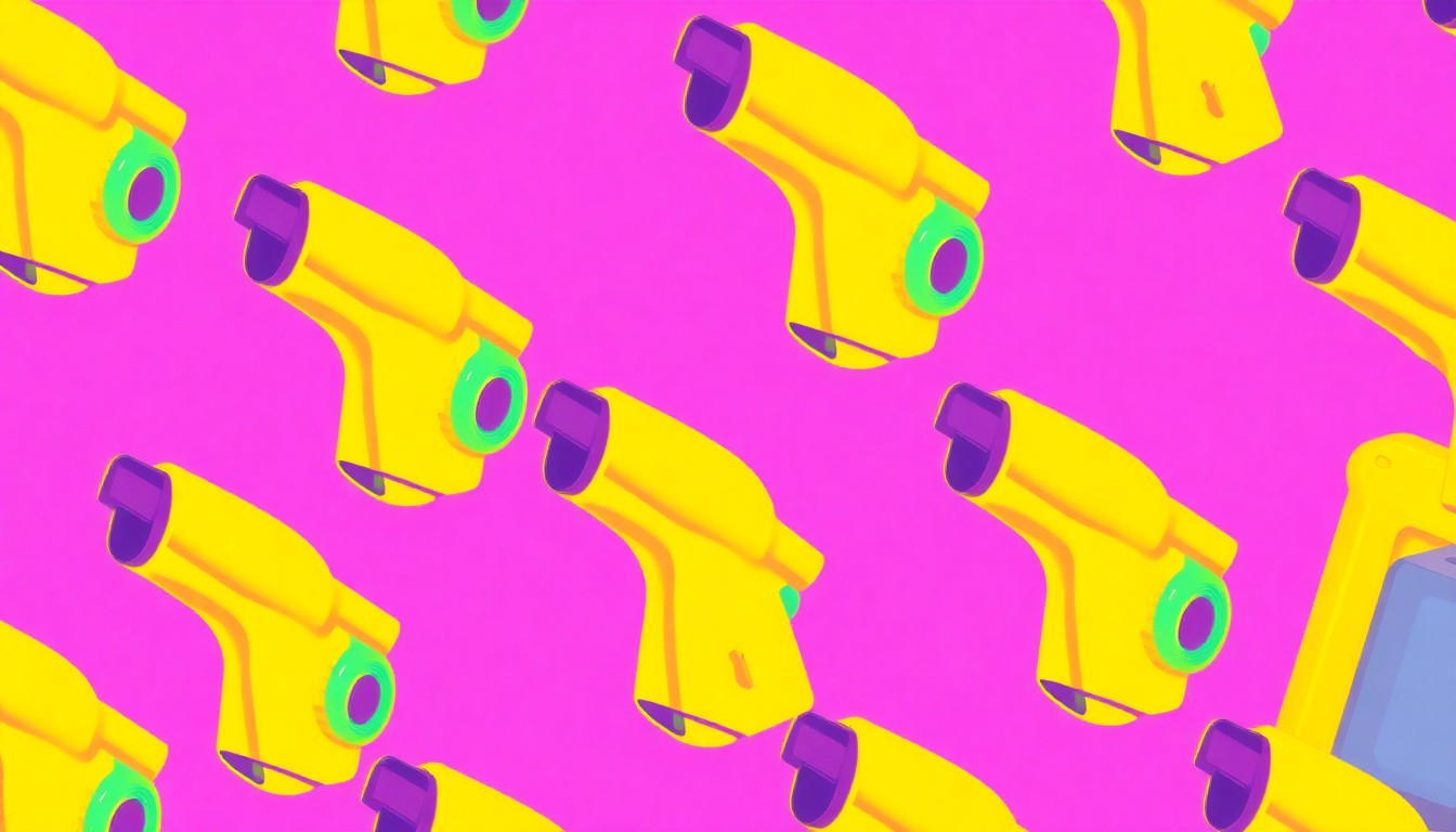 A bold, colorful silkscreen illustration featuring a repeating pattern of a pressure washing nozzle in vibrant neon hues, conceptually representing the essential role of professional exterior cleaning in supporting property upkeep.