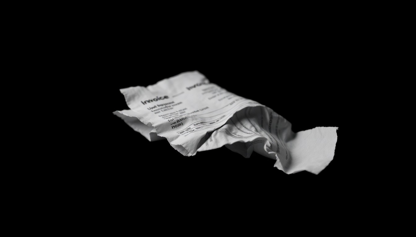 An extreme close-up photograph of a crumpled, discarded receipt or invoice against a pitch-black background, lit by a harsh, direct camera flash, conceptually representing the financial fraud and misconduct uncovered in this story.