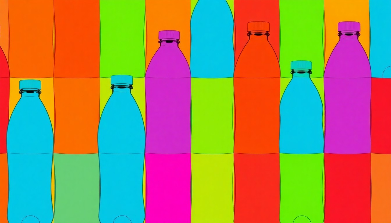 A brightly colored, high-contrast silkscreen print of a single, iconic water bottle repeated in a tight grid pattern, conceptually representing the nonprofit's excess water supply being sold and distributed to the local community.