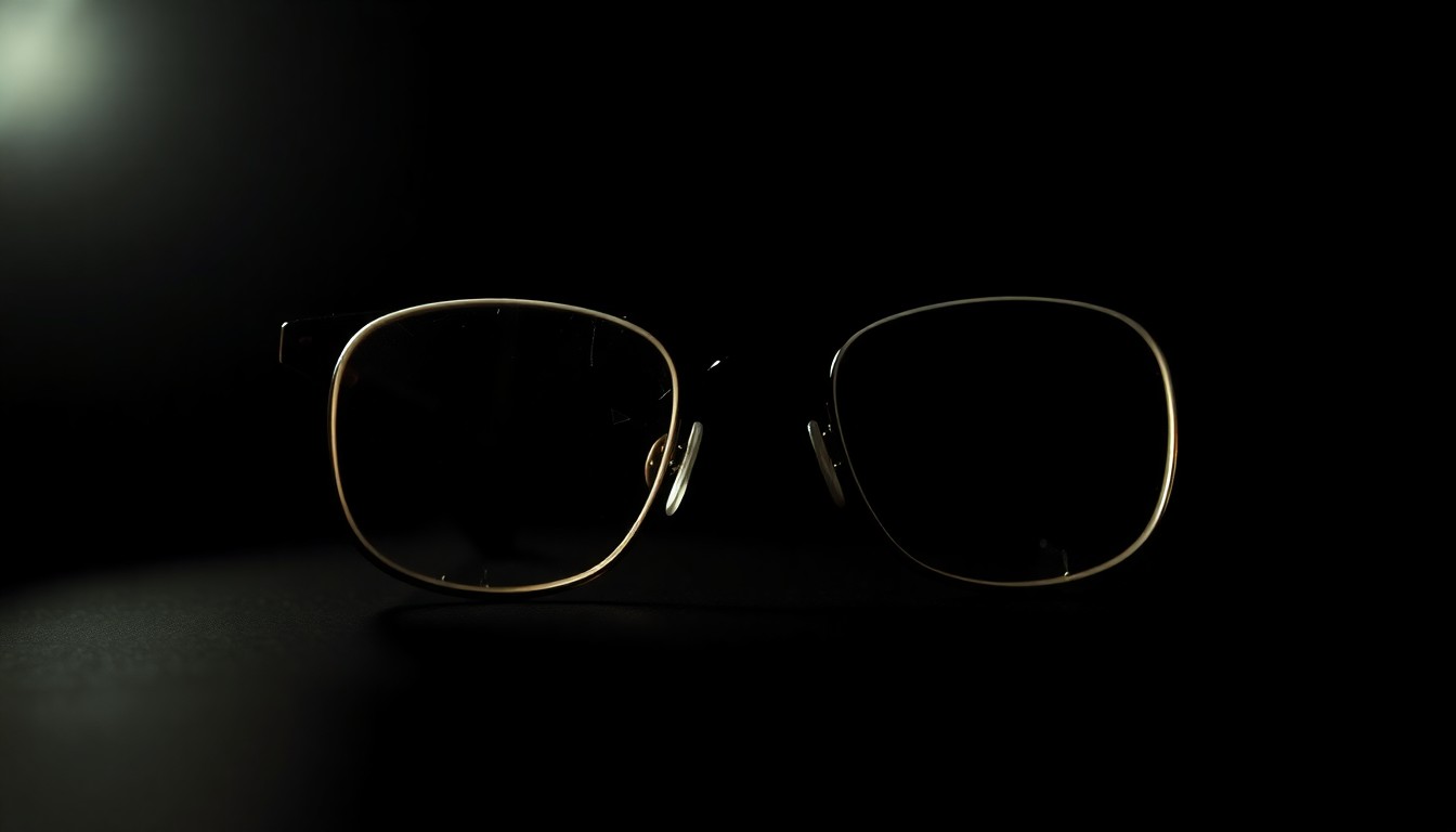 An extreme close-up of a broken pair of eyeglasses, the lenses shattered and the frame twisted, against a pitch-black background, conceptually representing the investigation into the alleged assault on a developmentally disabled student.