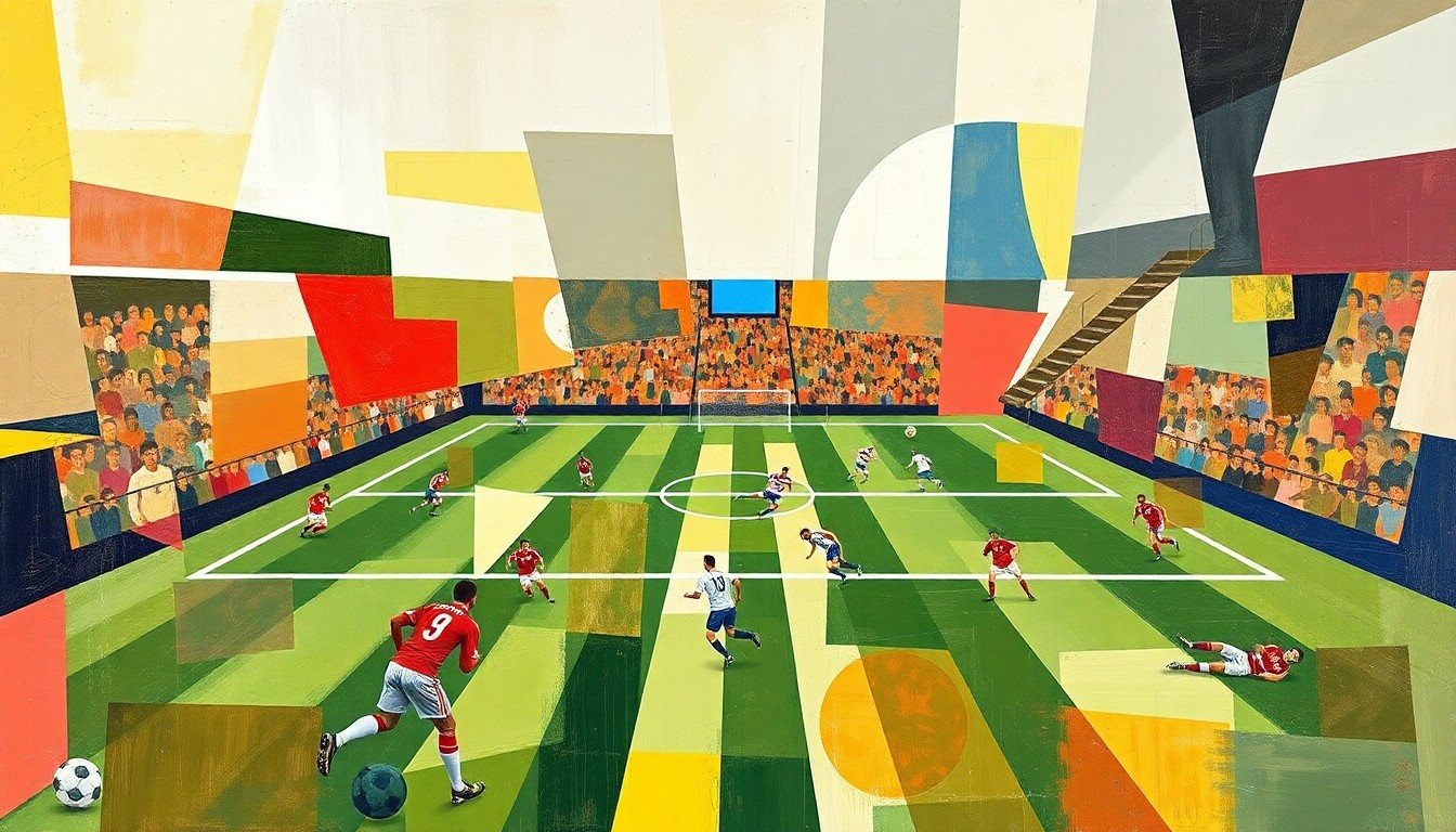 A fragmented, geometric painting depicting the chaotic energy and overlapping perspectives of the NFL draft, with players and the field reduced to sharp, angular shapes and vibrant colors.