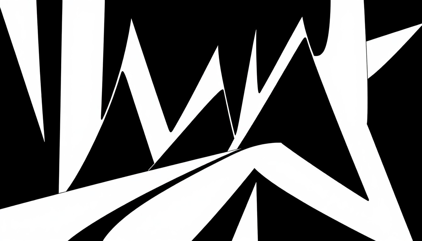 An abstract composition of bold, angular black shapes against a stark white background, conceptually representing the energy and visual style of a major Hollywood production.