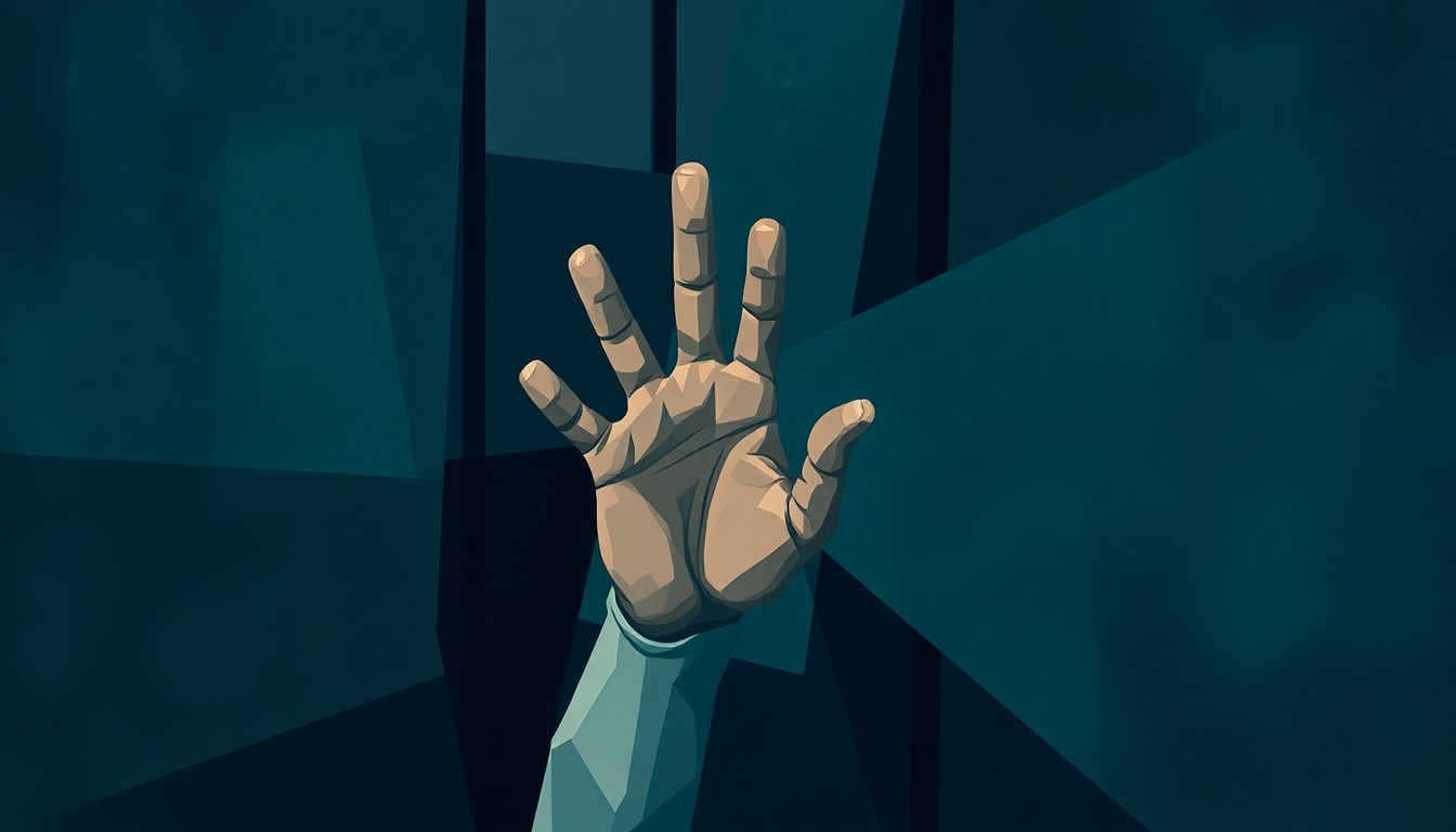 A dynamic, overlapping geometric painting depicting a hand reaching through a barred window, symbolizing the tension between government oversight and immigration enforcement policies.
