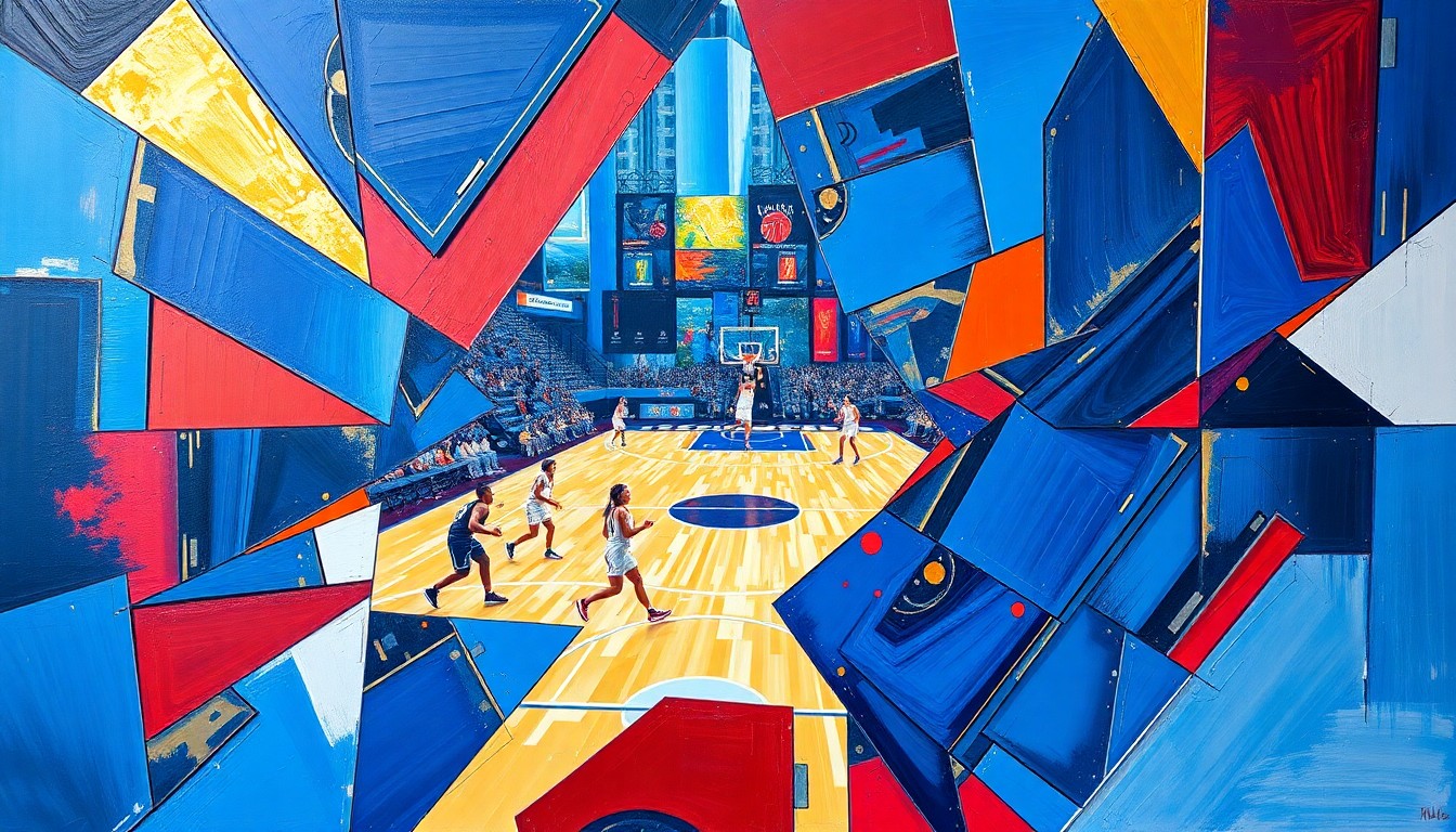 A fractured, multi-perspective painting featuring sharp, overlapping geometric planes in vibrant colors like royal blue, crimson red, and metallic gold, conceptually representing the dynamic action of a women's basketball game.