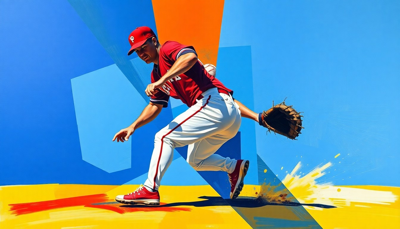 A cubist-style painting depicting a baseball player in motion, with their body and the field of play broken down into sharp, overlapping geometric shapes in a vibrant color palette.