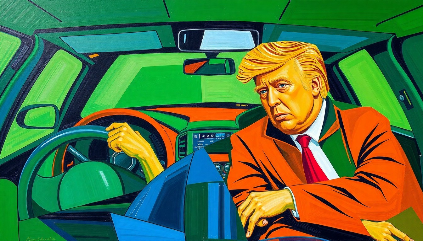 A fragmented, geometric painting depicting a car accident scene, with sharp planes of color representing the police interaction and the involvement of Tiger Woods and Donald Trump.