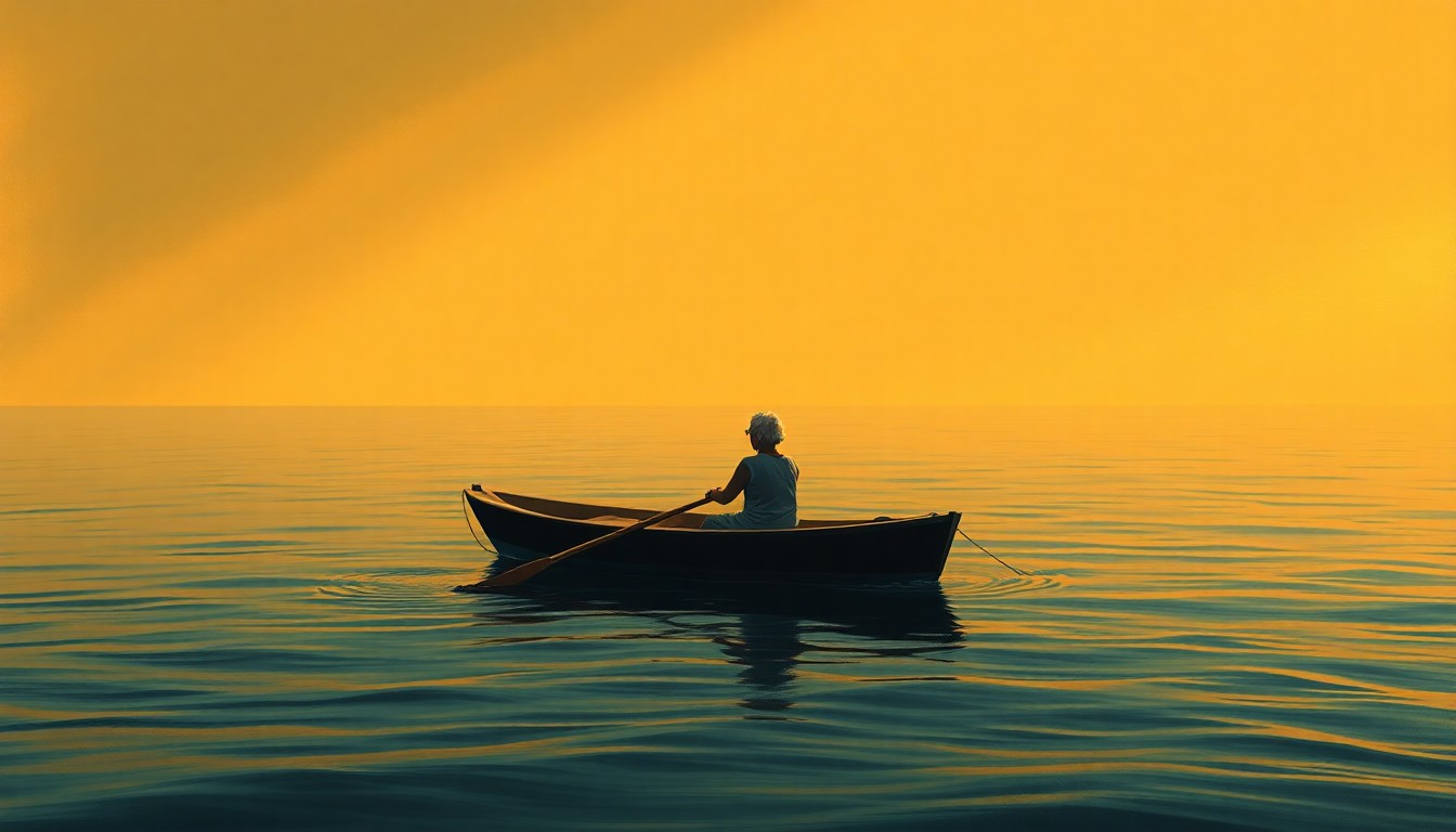 A serene, cinematic painting of an elderly woman rowing a small boat alone on a calm, golden-hued ocean, bathed in warm, diagonal sunlight and deep shadows, conceptually representing the remarkable physical feat of an older adult challenging stereotypes about aging.