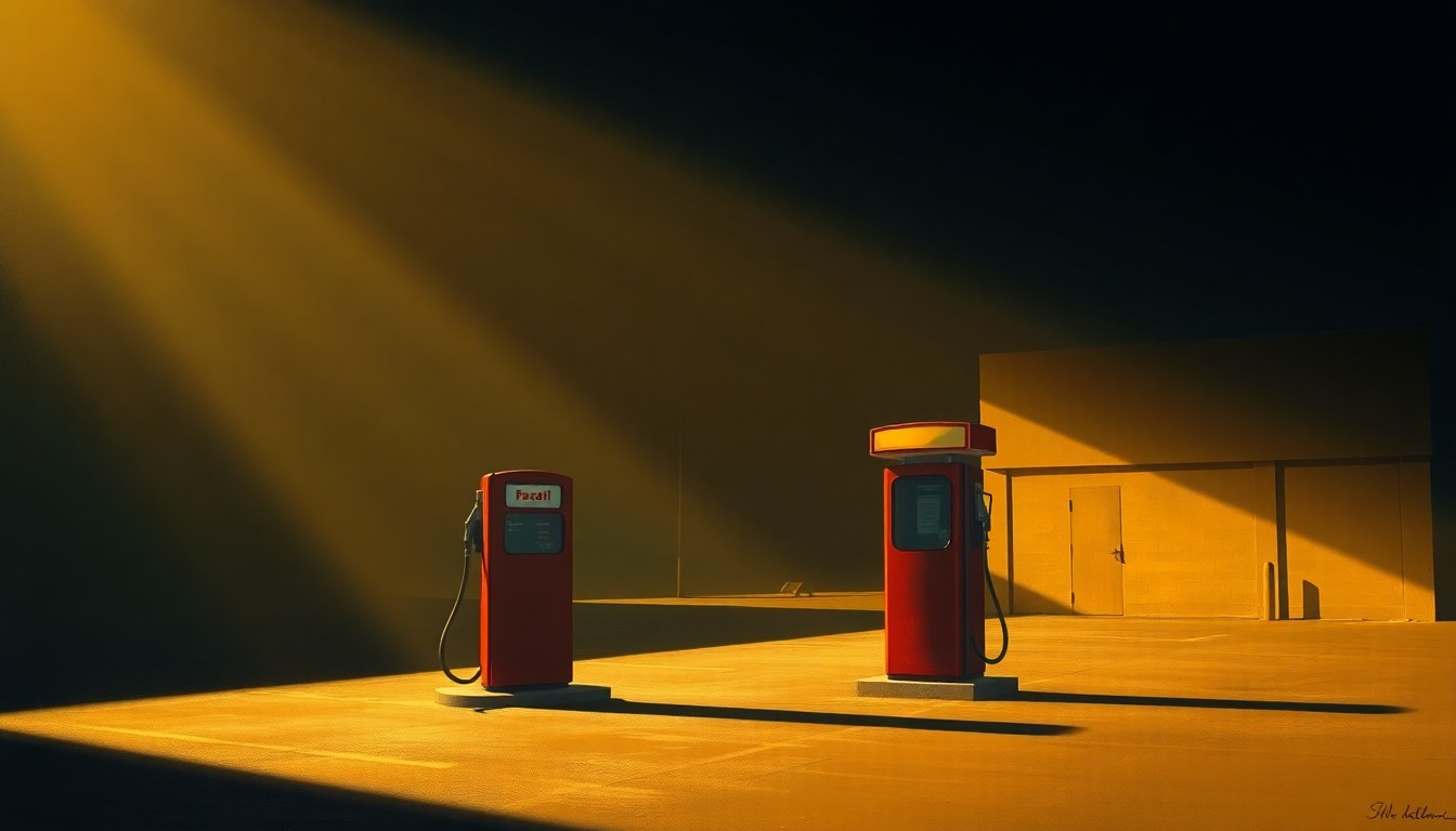 A photorealistic painting of a solitary gas pump in an empty urban setting, with warm sunlight casting deep shadows across the scene, conceptually representing the political and economic challenges posed by rising gasoline costs.