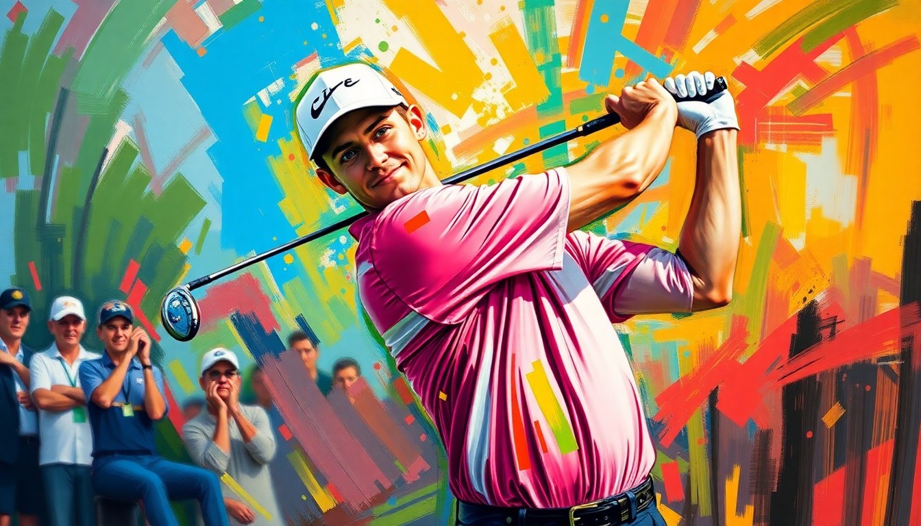 A dynamic, abstract painting featuring bold, sweeping brushstrokes in neon greens, blues, and oranges, capturing the kinetic energy and intensity of a professional golfer's swing.