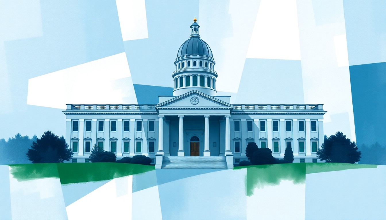 A dynamic, fractured painting in shades of blue, green, and gray depicting the Maine state capitol building, conveying the complex political tensions surrounding the state's supplemental budget.