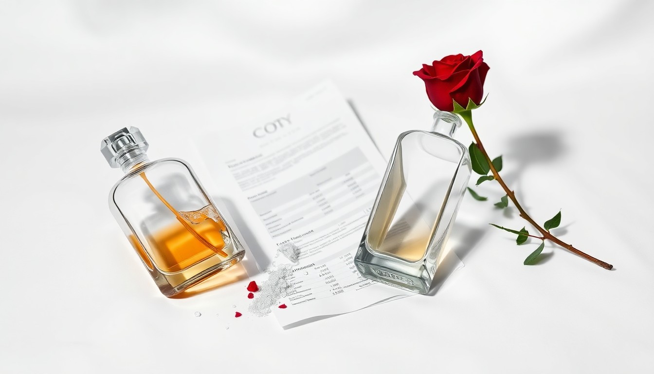 A photorealistic studio still life featuring a shattered glass perfume bottle, a crumpled financial report, and a single red rose, symbolizing the corporate challenges and reputational damage facing Coty.