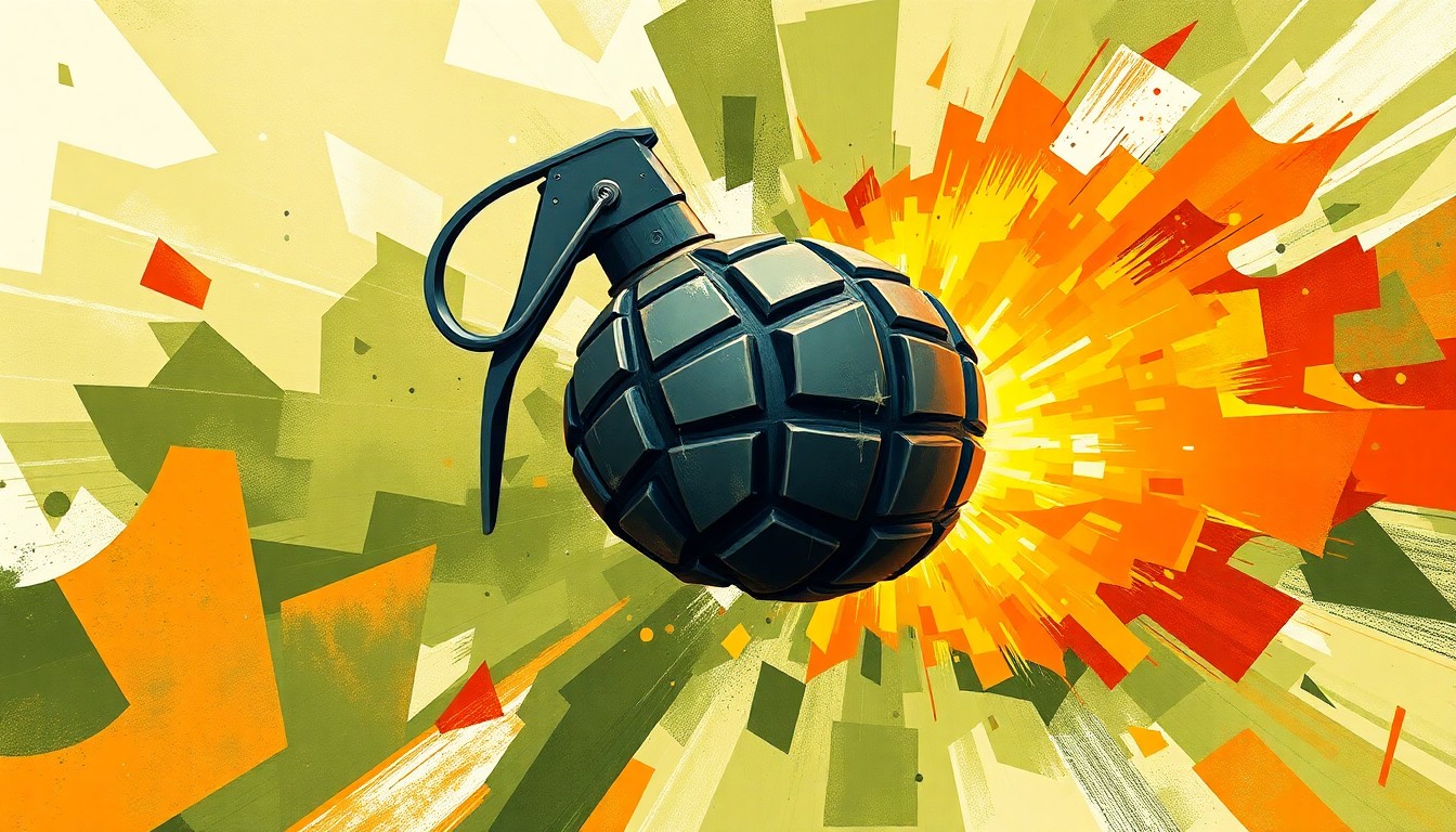 An abstract, fractured painting of a military grenade in mid-explosion, with overlapping geometric shapes and waves of vibrant colors, conceptually representing the advanced technology and precision of the new weapon.