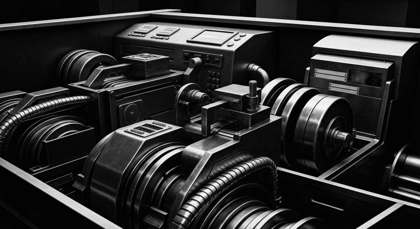 A high-contrast, cinematic black-and-white close-up of complex financial machinery and banking equipment, conveying the heavy, tangible nature of financial institutions and the importance of secure, well-regulated banking infrastructure.
