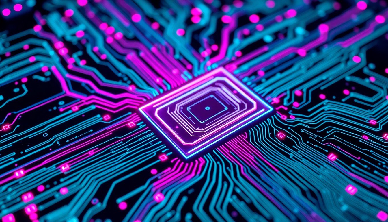 A highly detailed, glowing 3D macro illustration of a complex circuit board with intricate patterns of neon cyan and magenta lights, representing the digital infrastructure and data flows powering enterprise AI adoption analytics.