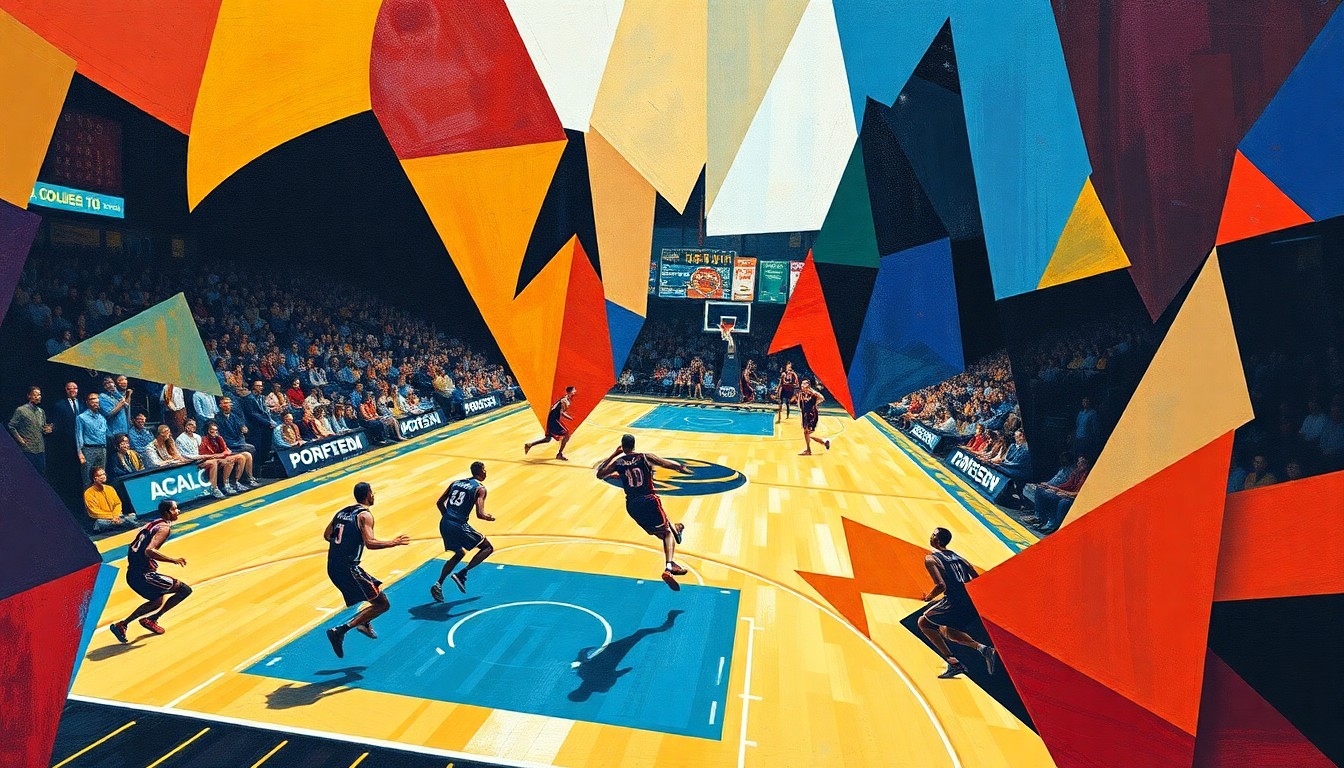 A cubist, geometric illustration depicting the energy and movement of a college basketball game, with overlapping angular shapes and vibrant colors representing the players and the action on the court.