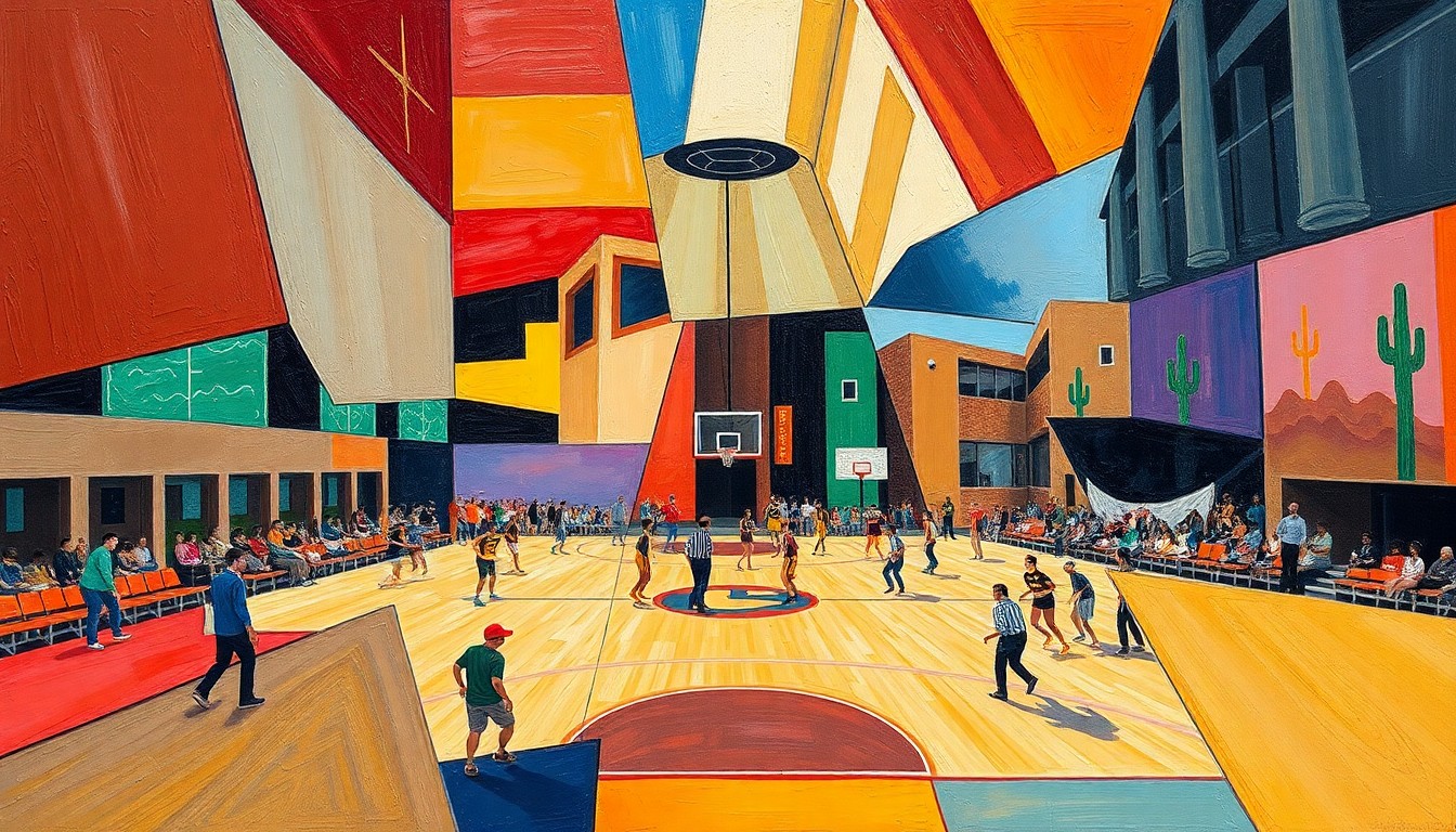 A cubist, geometric painting depicting a basketball game or match at the renovated Washington Activity Center, with vibrant colors and overlapping planes representing the energy and diversity of the local community.